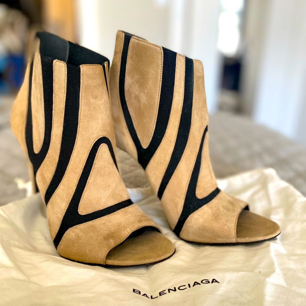 Balenciaga Tan and Black Suede Peep-Toe Heels